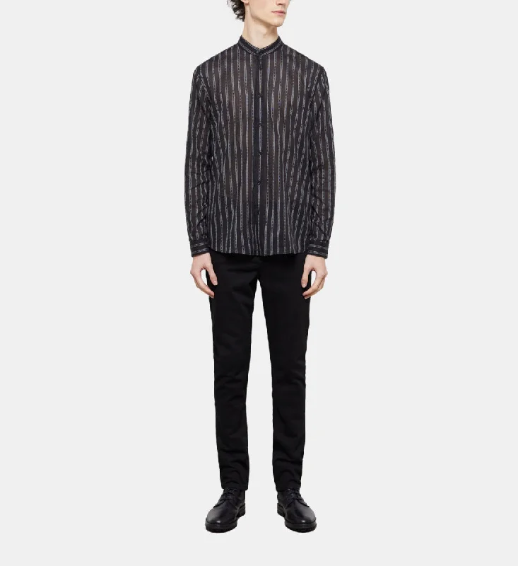 Steals and Deals Black Striped Shirt With Officer Collar