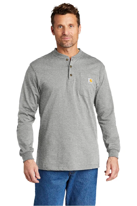 New Deals Carhartt Mens Long Sleeve Henley T-Shirt w/ Pocket - Heather Grey