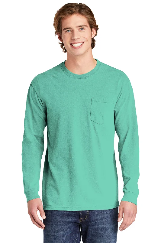 New Markdowns Comfort Colors Mens Long Sleeve Crewneck T-Shirt w/ Pocket - Chalky Mint Green