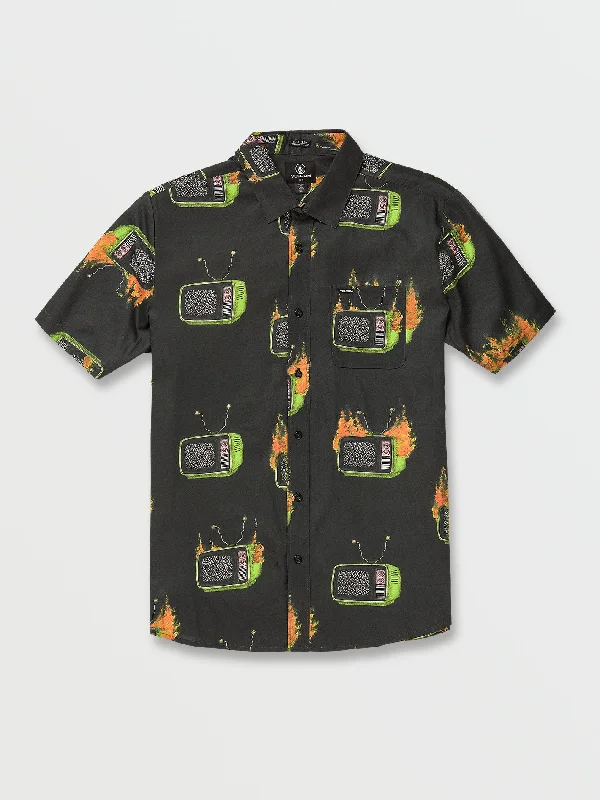 Weekend Discounts to Celebrate Featured Artist Justin Hager Woven Short Sleeve Shirt - Black Weekend Discounts to Celebrate Featured Artist Justin Hager Woven Short Sleeve Shirt - Black