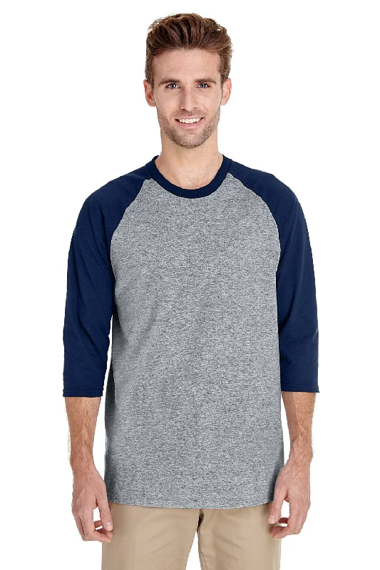 Weekend Bargains Galore Gildan Mens 3/4 Sleeve Crewneck T-Shirt - Sport Grey/Navy Blue