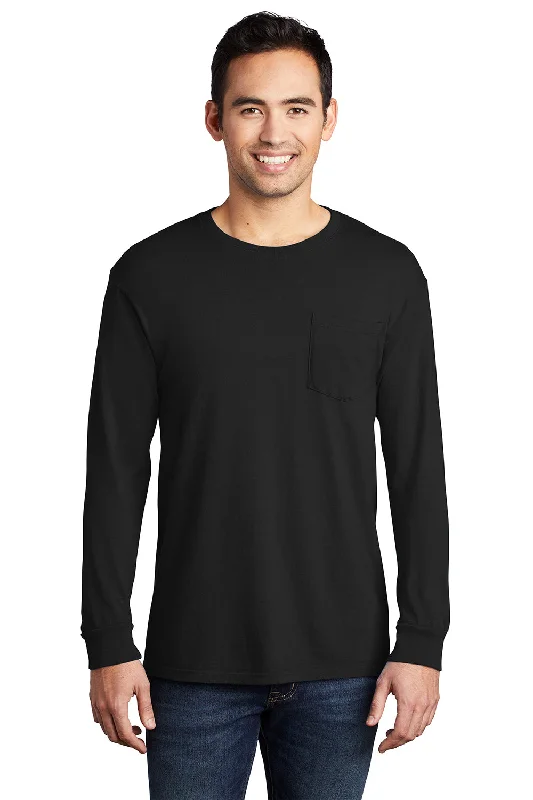 Value Pack Port & Company Mens Beach Wash Long Sleeve Crewneck T-Shirt w/ Pocket - Black