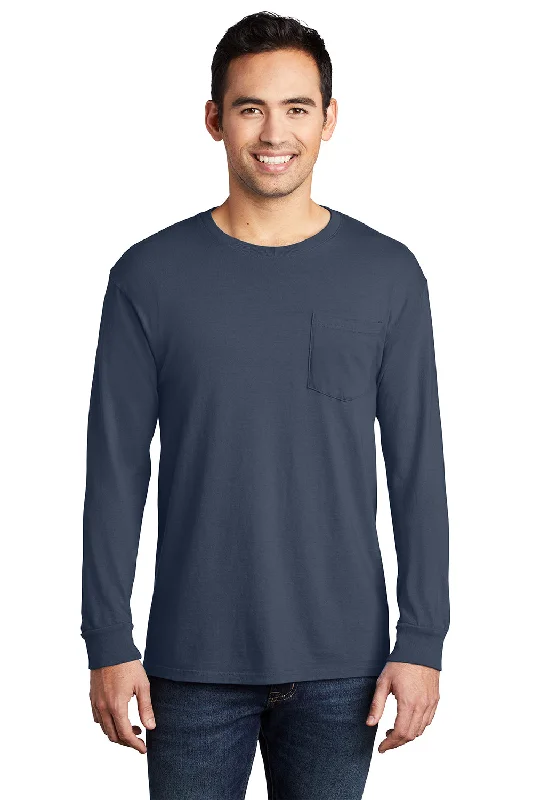 Quick Deals Port & Company Mens Beach Wash Long Sleeve Crewneck T-Shirt w/ Pocket - Denim Blue Quick Deals Port & Company Mens Beach Wash Long Sleeve Crewneck T-Shirt w/ Pocket - Denim Blue
