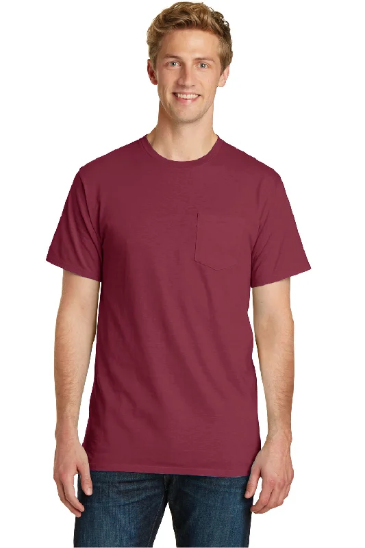 Exclusive Deal Port & Company Mens Beach Wash Short Sleeve Crewneck T-Shirt w/ Pocket - Merlot Red - Closeout