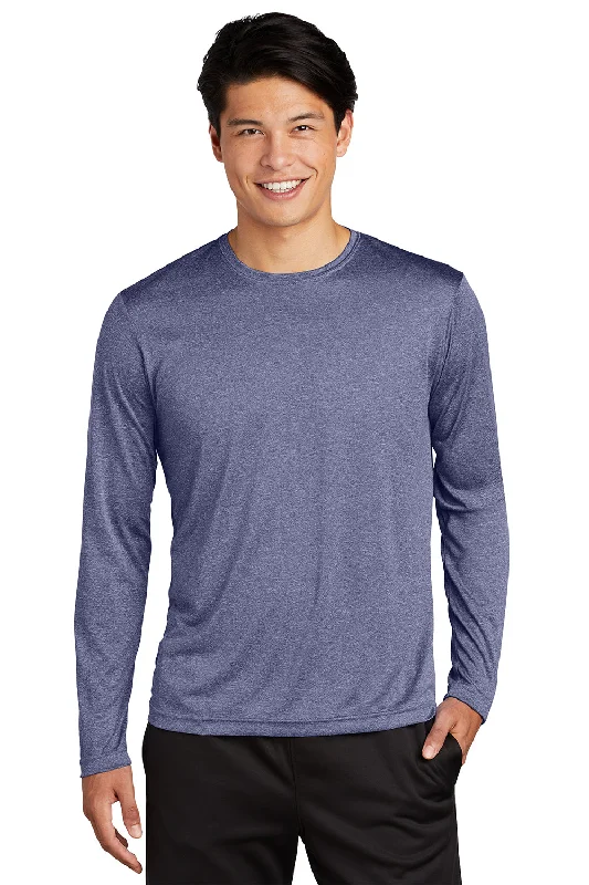 Unbeatable Deal Sport-Tek Mens Contender Heather Moisture Wicking Long Sleeve Crewneck T-Shirt - Heather True Navy Blue