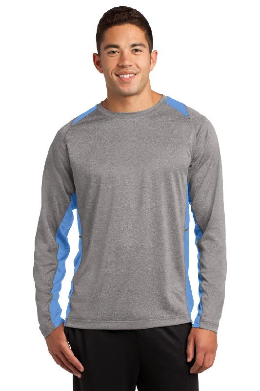 Bonus Offer Sport-Tek Mens Contender Heather Moisture Wicking Long Sleeve Crewneck T-Shirt - Heather Vintage Grey/Carolina Blue - Closeout Bonus Offer Sport-Tek Mens Contender Heather Moisture Wicking Long Sleeve Crewneck T-Shirt - Heather Vintage Grey/Carolina Blue - Closeout