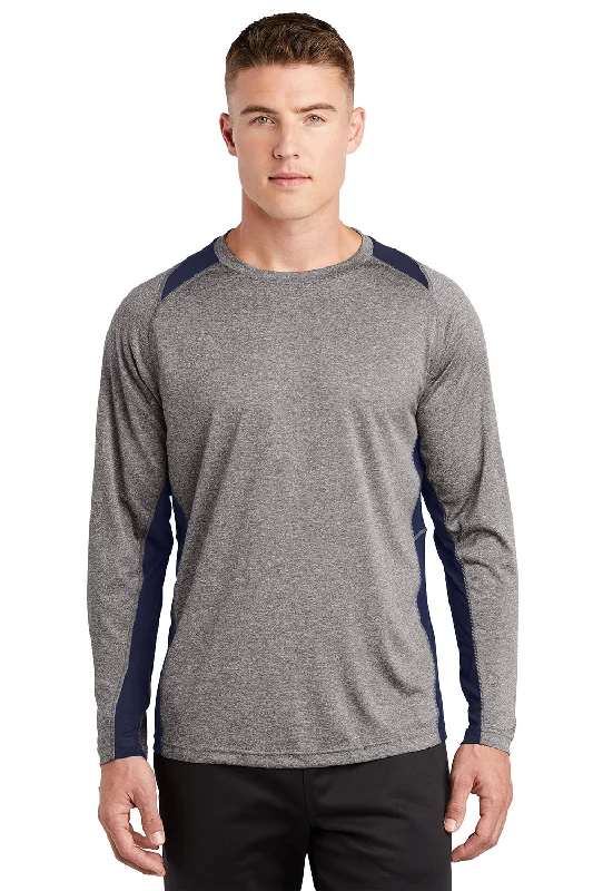 Act Now Sport-Tek Mens Contender Heather Moisture Wicking Long Sleeve Crewneck T-Shirt - Heather Vintage Grey/True Navy Blue Act Now Sport-Tek Mens Contender Heather Moisture Wicking Long Sleeve Crewneck T-Shirt - Heather Vintage Grey/True Navy Blue