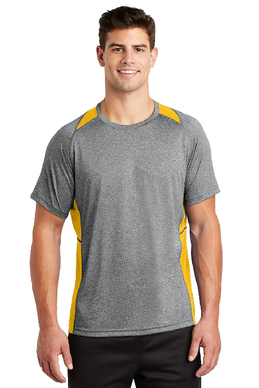 Great Bargain Sport-Tek Mens Contender Heather Moisture Wicking Short Sleeve Crewneck T-Shirt - Heather Vintage Grey/Gold Great Bargain Sport-Tek Mens Contender Heather Moisture Wicking Short Sleeve Crewneck T-Shirt - Heather Vintage Grey/Gold