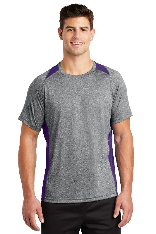 Limited Offer Sport-Tek Mens Contender Heather Moisture Wicking Short Sleeve Crewneck T-Shirt - Heather Vintage Grey/Purple Limited Offer Sport-Tek Mens Contender Heather Moisture Wicking Short Sleeve Crewneck T-Shirt - Heather Vintage Grey/Purple
