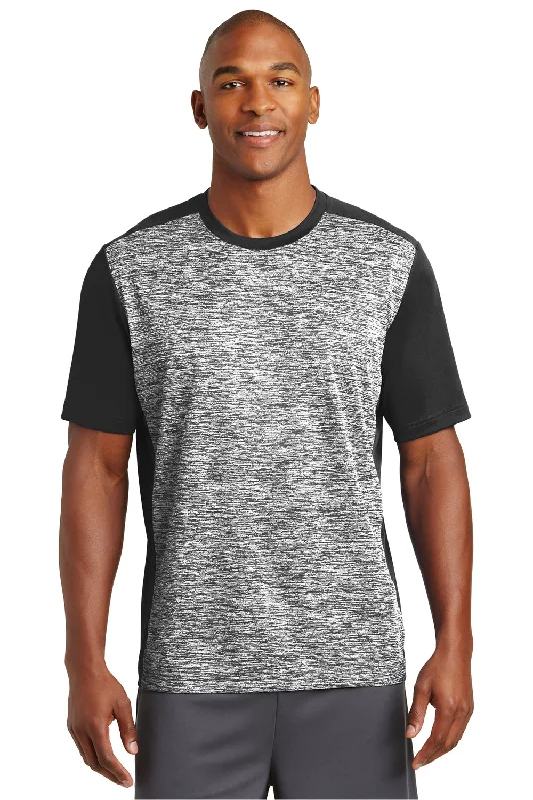Price Reduction Sport-Tek Mens Electric Heather Moisture Wicking Short Sleeve Crewneck T-Shirt - Black Electric/Black - Closeout Price Reduction Sport-Tek Mens Electric Heather Moisture Wicking Short Sleeve Crewneck T-Shirt - Black Electric/Black - Closeout
