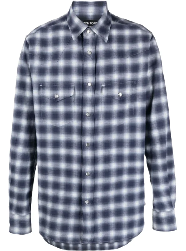 Weekend Savings Bonanza Tom Ford Mens Check Print Cotton Shirt in Blue